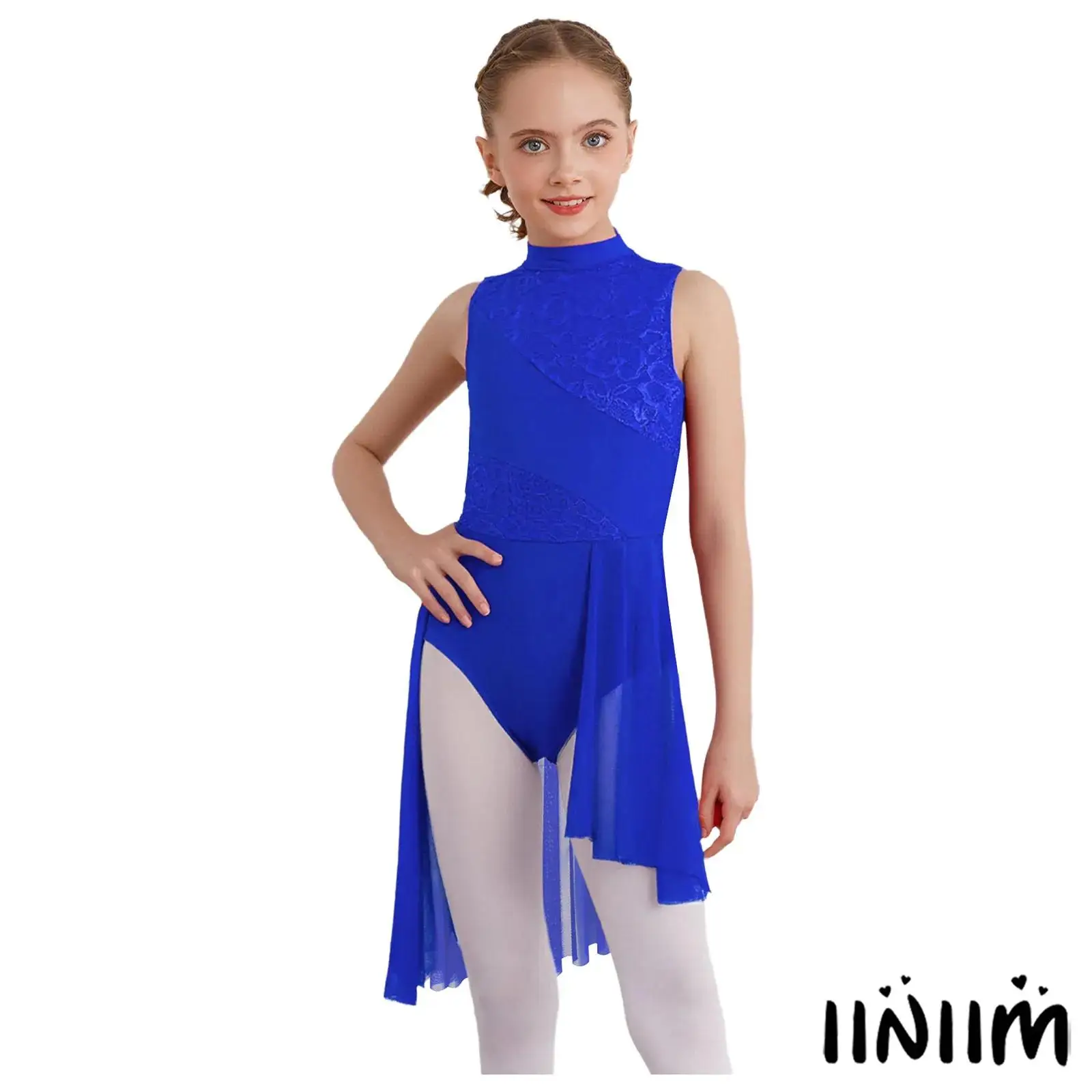 

Kids Girls Ballet Dance Lyrical Dress Mock Neck Sleeveless Keyhole Back Floral Lace Leotard Dress for Latin Ballroom Dance Shows