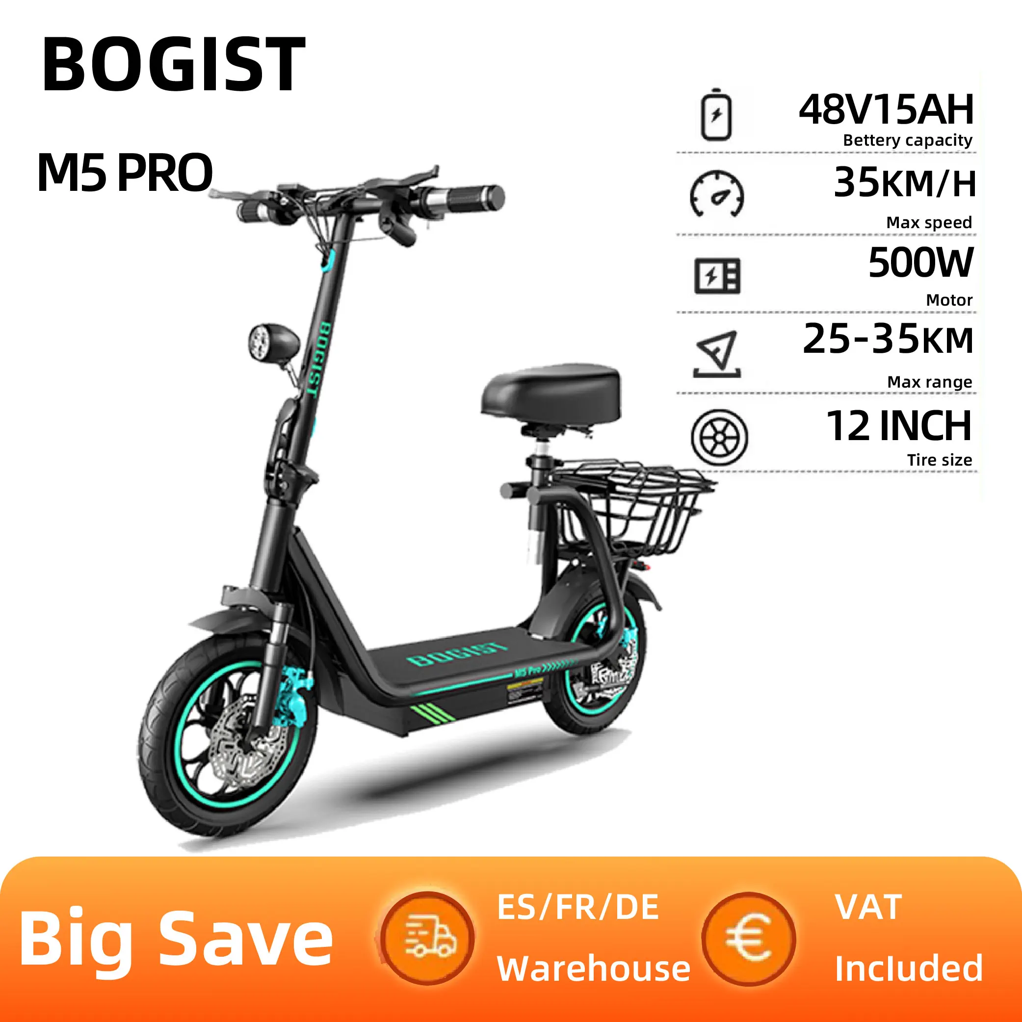 Bogist-M5 Pro Elektroroller für Erwachsene mit Aufbewahrungskorb, Stoßdämpfer vorne, 500 W, 48 V, 15