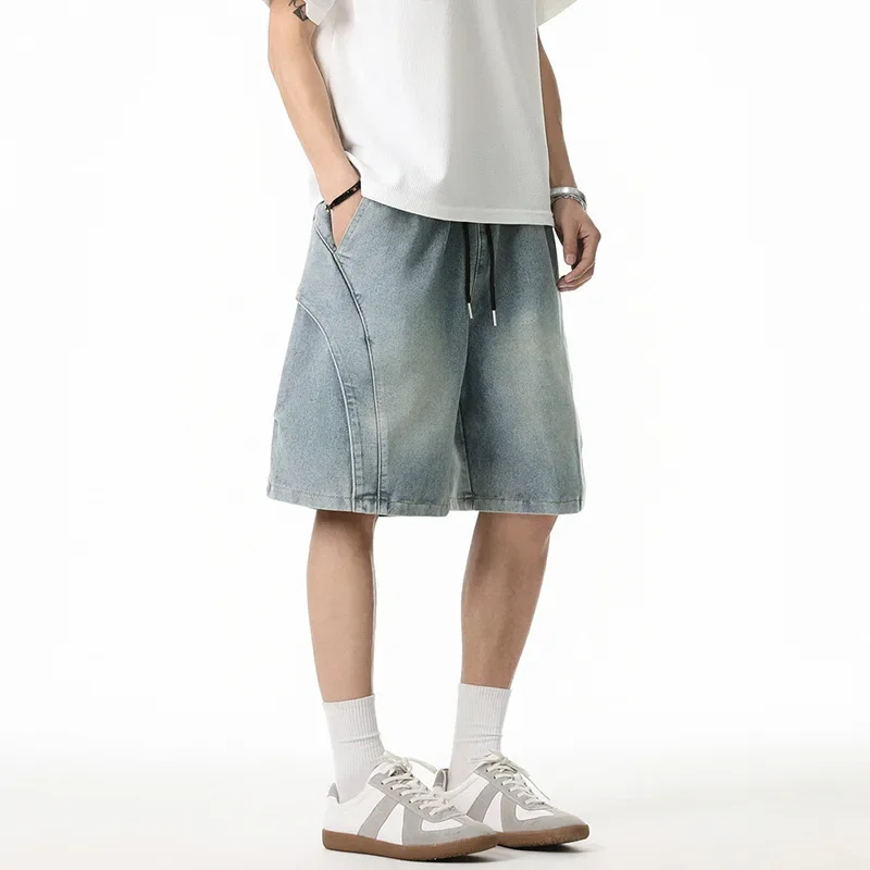 

Мужские новые потертые джинсовые шорты, сращенные шорты, однотонные потертые прямые джинсы длиной до колена с карманами на шнурке, свободные повседневные летние