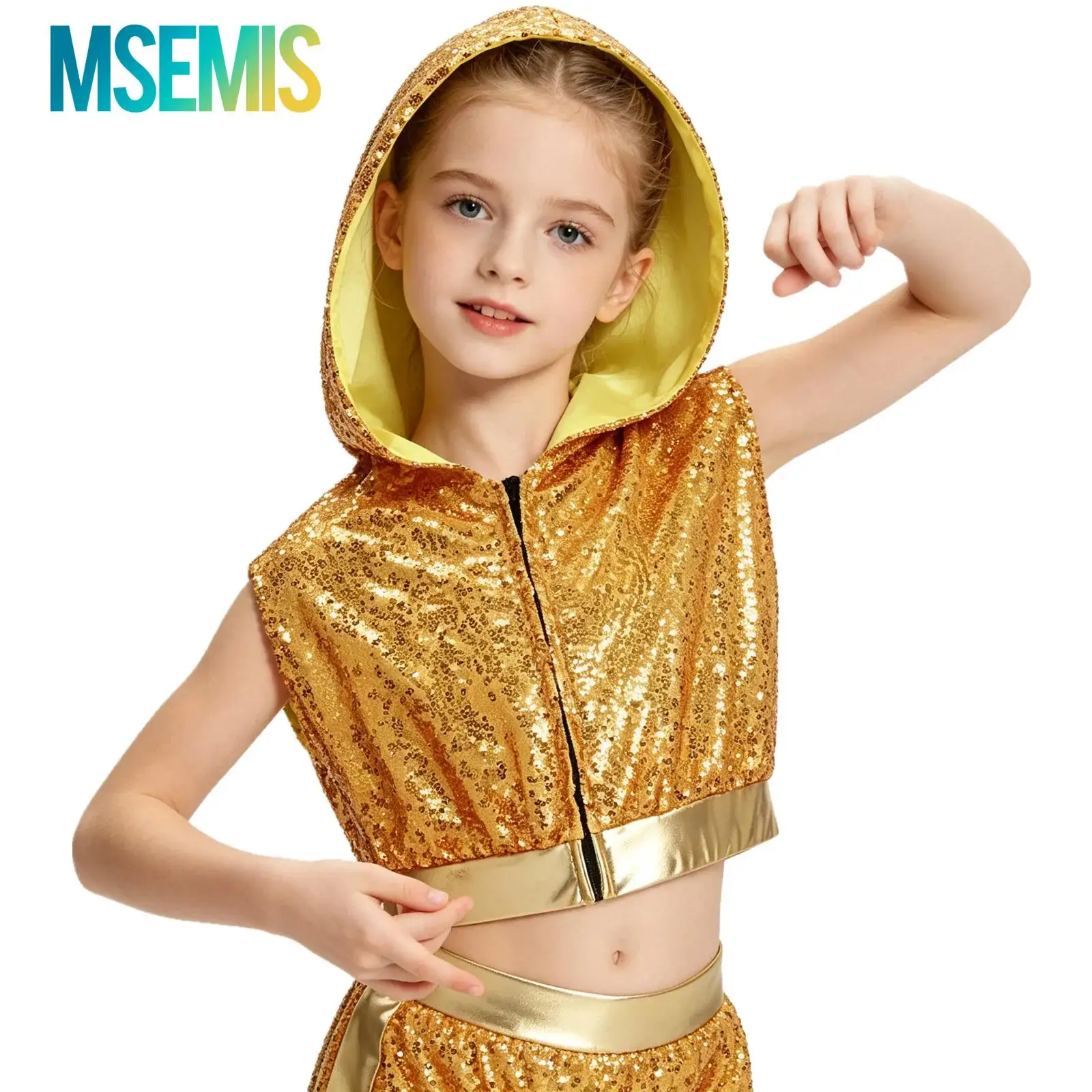 Kids Girls Hip-Hop Jazz Dance Performance Costume Sparkling Sequins Hooded Crop Top Sleeveless Backless Front Zipper Dancewear
