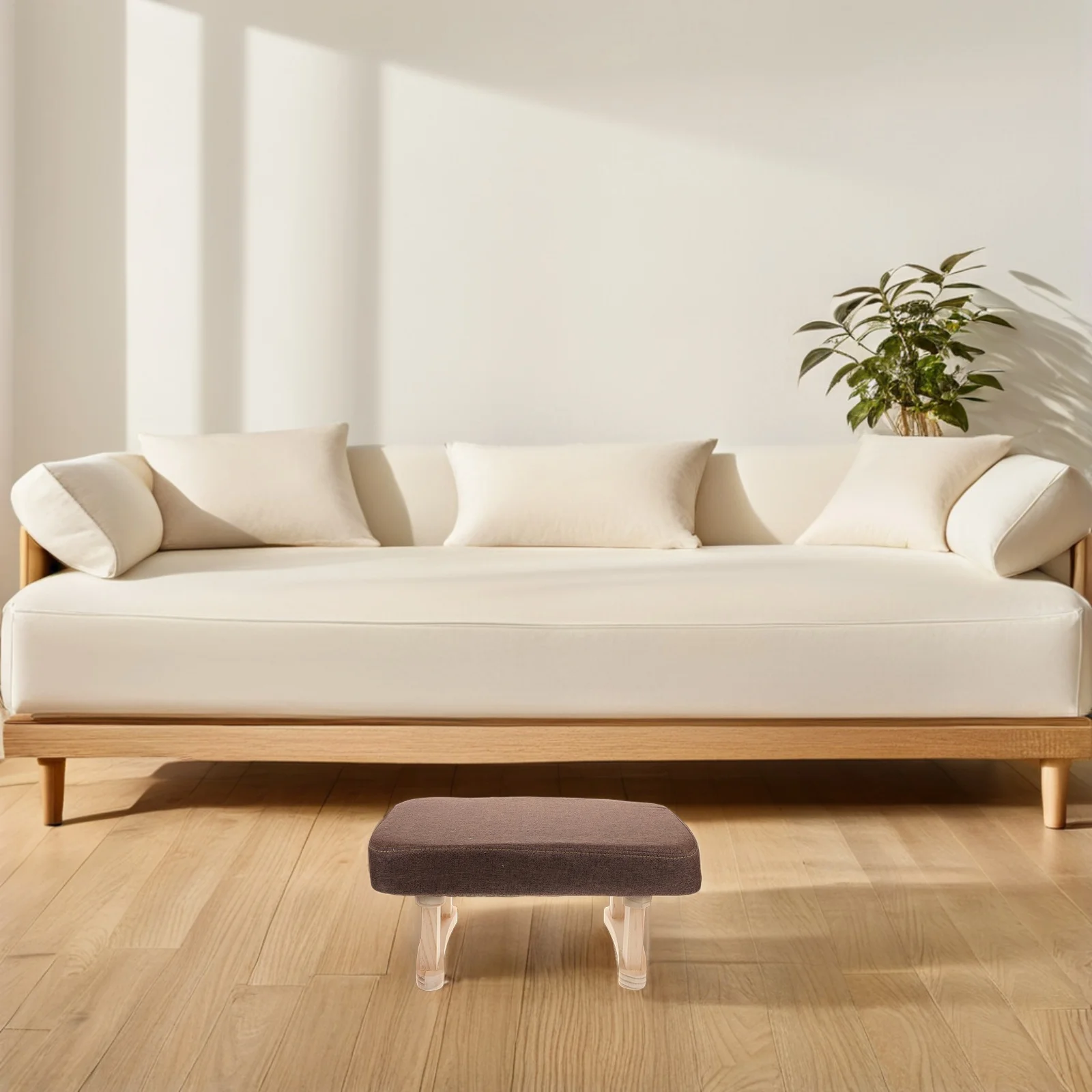 

Home Stool Low Stool Solid Wood Legs Coffee Linen Fabric Vintage Padded Seat for Bedroom Living Room Footrest Vanity Bench Small