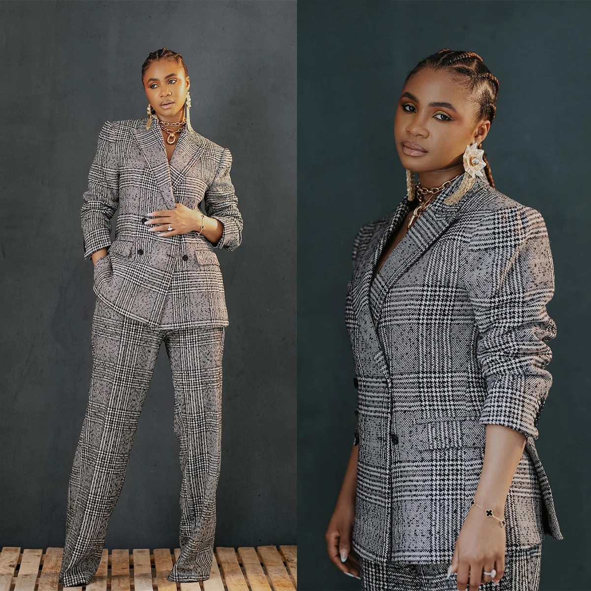 New Women Suits Autumn Blazer Jacket Fashion Plaid Double Breasted Work Tuxedos Set Coat Office Lady Elegant 2 Pieces Customize