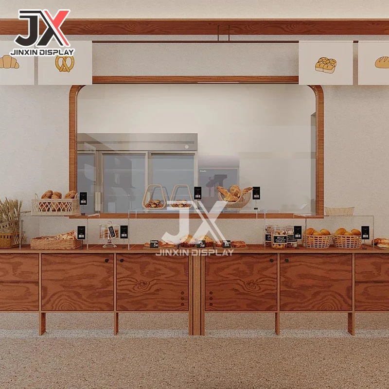 custom.Custom LED Bakery Display Cabinet Coffee Counter Bread Showcase Wooden Modern Cake Pastry Shelf Retail Cafe Furniture Sho view 5