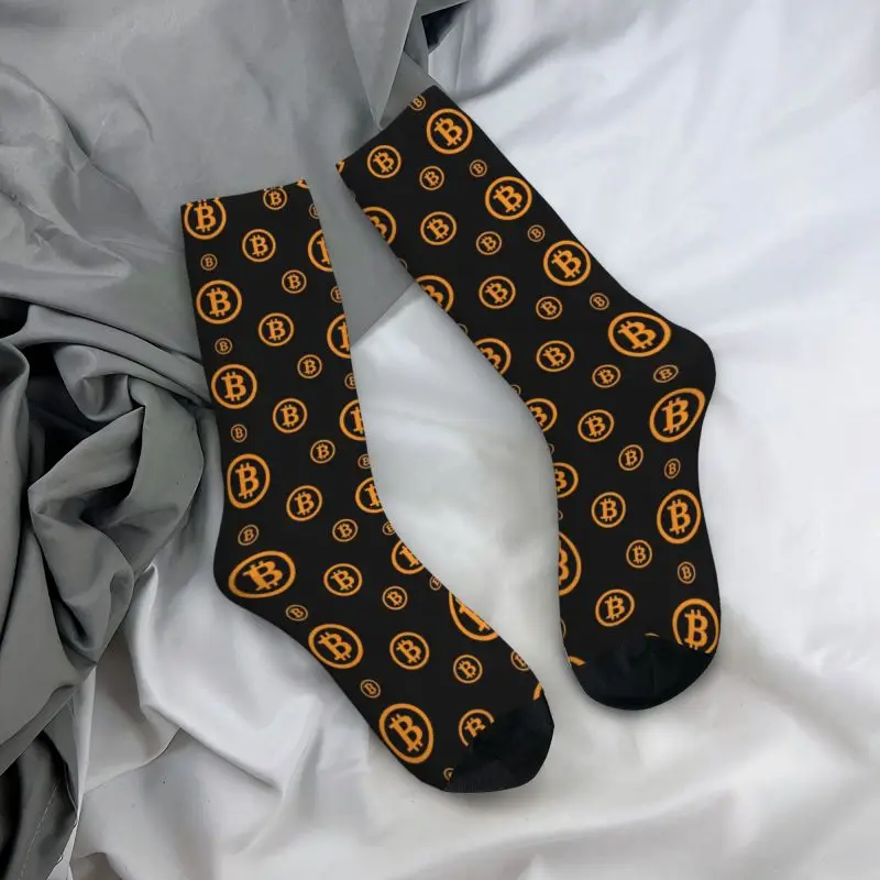 Calcetines con patrón de logotipo de Bitcoin para hombre y mujer, medias elásticas con estampado de moda, BTC Cryptocurrency Blockchain Crew,