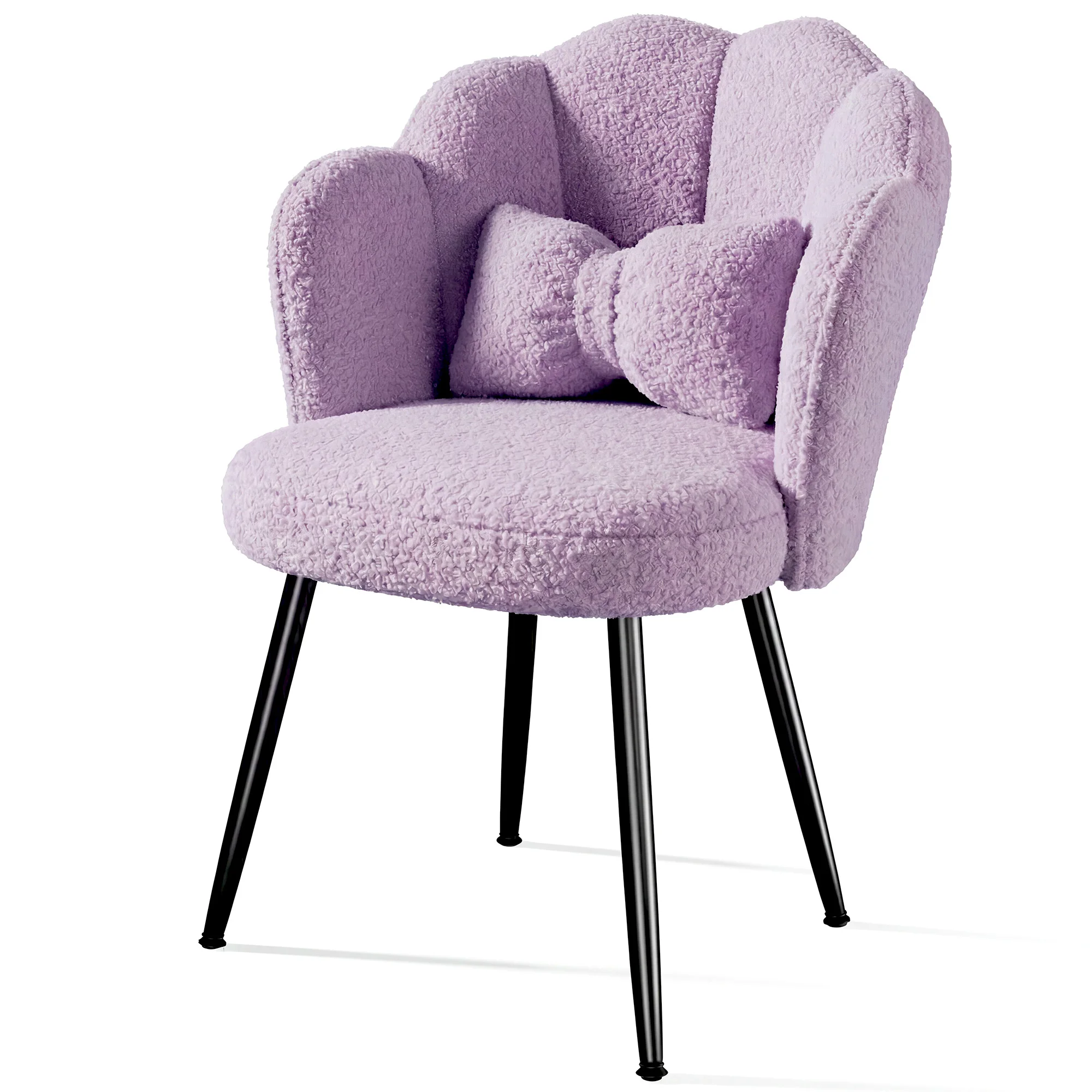EnHomee Comfy Teddy Fleece Vanity Chair, Petal Backrest Armless Desk Chair with Bow-Tie Pillow, Matte Black Metal Legs Accent Chair, Adjustable Feet Leisure Chair for Living Room, Makeup Room, Bedroom, Small Space