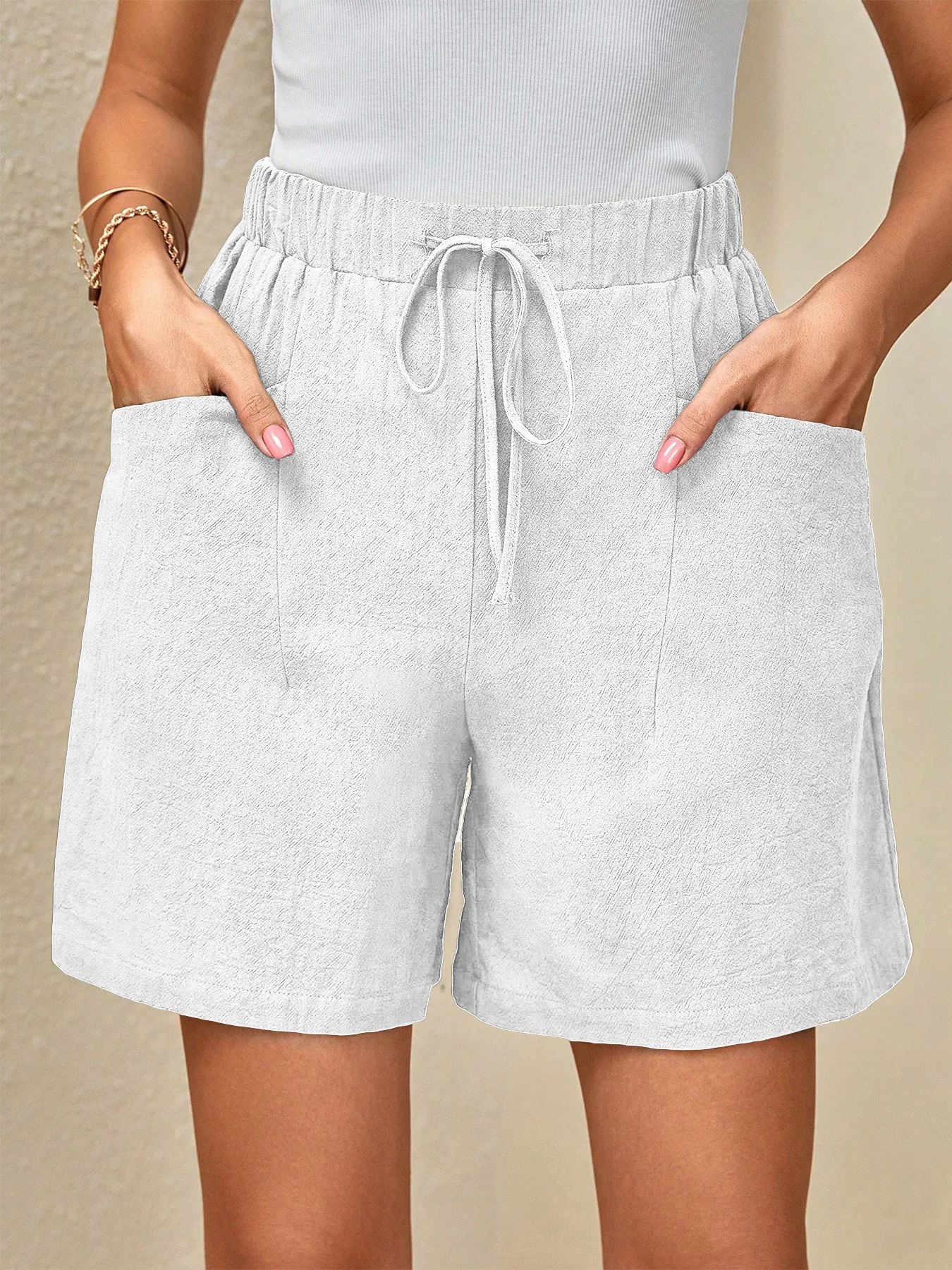 Spring Summer Linen Solid Color Casual Sports Elastic Waist Drawstring Shorts Slimming Versatile Summer Shorts