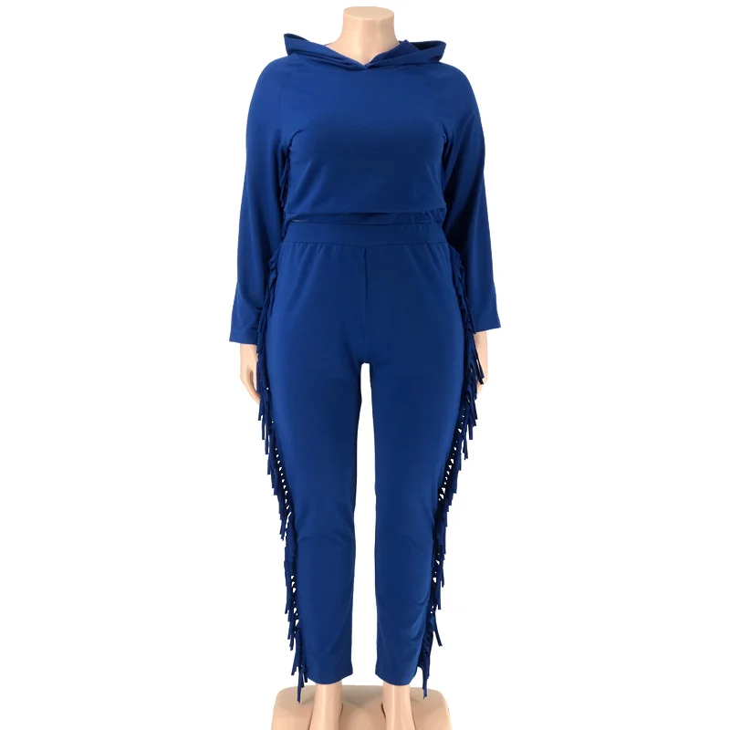 Plus Size Women Fall Clothing Wholesale Hoodie Sweatsuit Solid Long Sleeve Tassel Casual Tracksuit Two Piece Set  Dropshipping