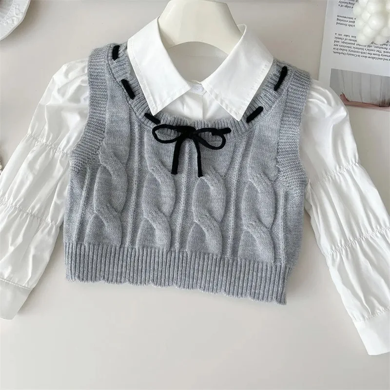 Girl\'S Sweet 3pcs Sets Autumn Children Kids Infants College Fashion Shirt +Knitted Bow Vest +Pleated Skirt Suit