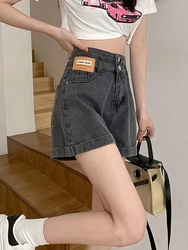 Zoki Harajuku Grey Women Denim Shorts Korean Preppy Style Casual Wide Leg Shorts Summer High Waist Fashion Buttons Shorts New