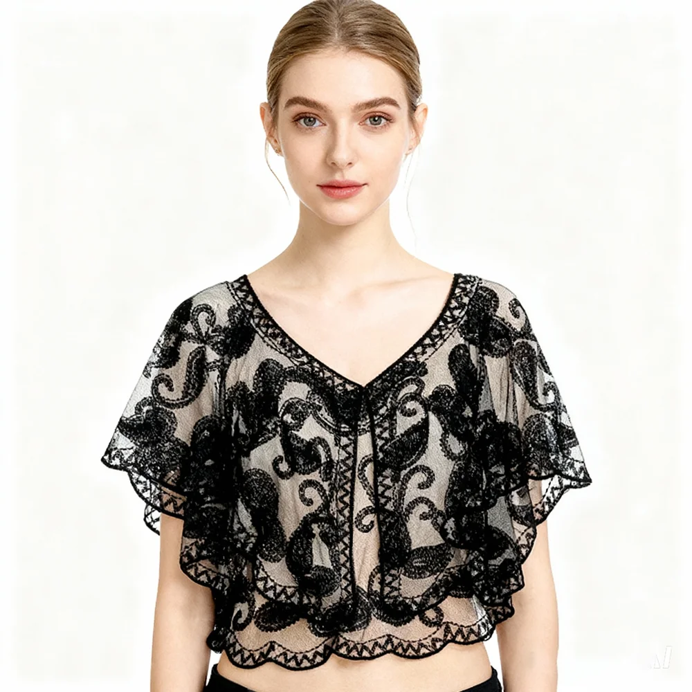 

PESENAR 1920s Style Black Lace Shawl for Flapper Costume and Vintage Gatsby Accessory