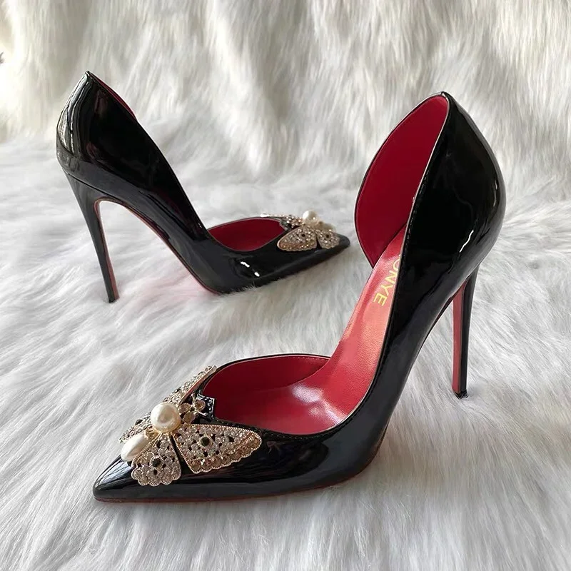 2024new black patent leather side hollow diamond butterfly buckle decoration 12cm ultra-high heels with red soles and thin heels