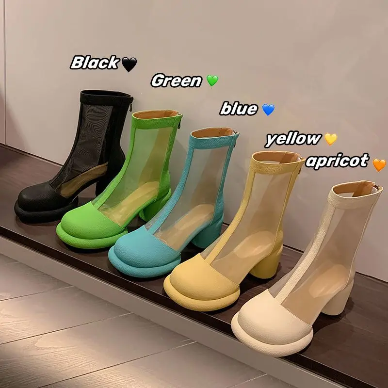 

2023 Summer Fashion Thick Heels Breathable Mesh High Platform Ankle Shoes Ladies Thick Sole Hollow Casual Sandals Boots bota