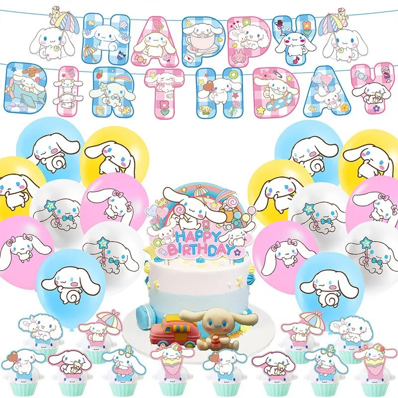 Sanrio Anime Cinnamoroll Thema Geburtstag Szene Dekoration Lieferungen Party Dekorationen, Banner, Luftballons, Flagge Ziehen Party Set