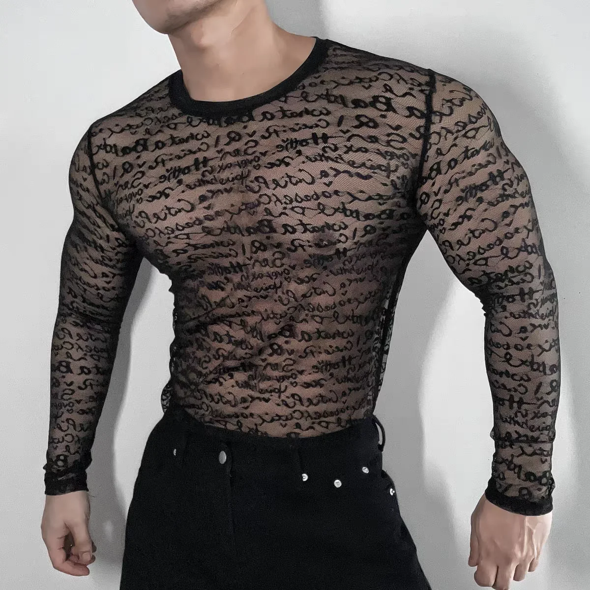 Quickly Drying Gyms basic Shirt Man Sexy See through Mesh long sleeve Costumes Club Stage Show Dancer Performance Wear