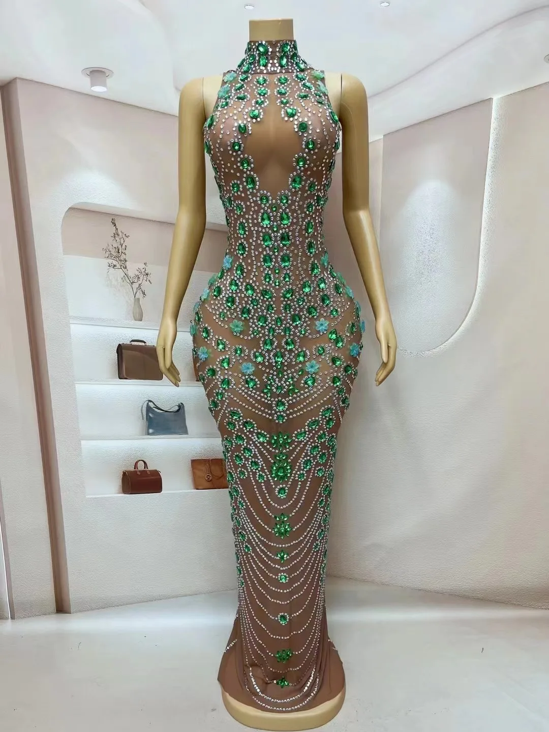 

Silver Green Rhinestones Flower Dress Birthday Celebrate Prom Gowns Backless Graduation Outfit Collection Costume 2024 Qingse