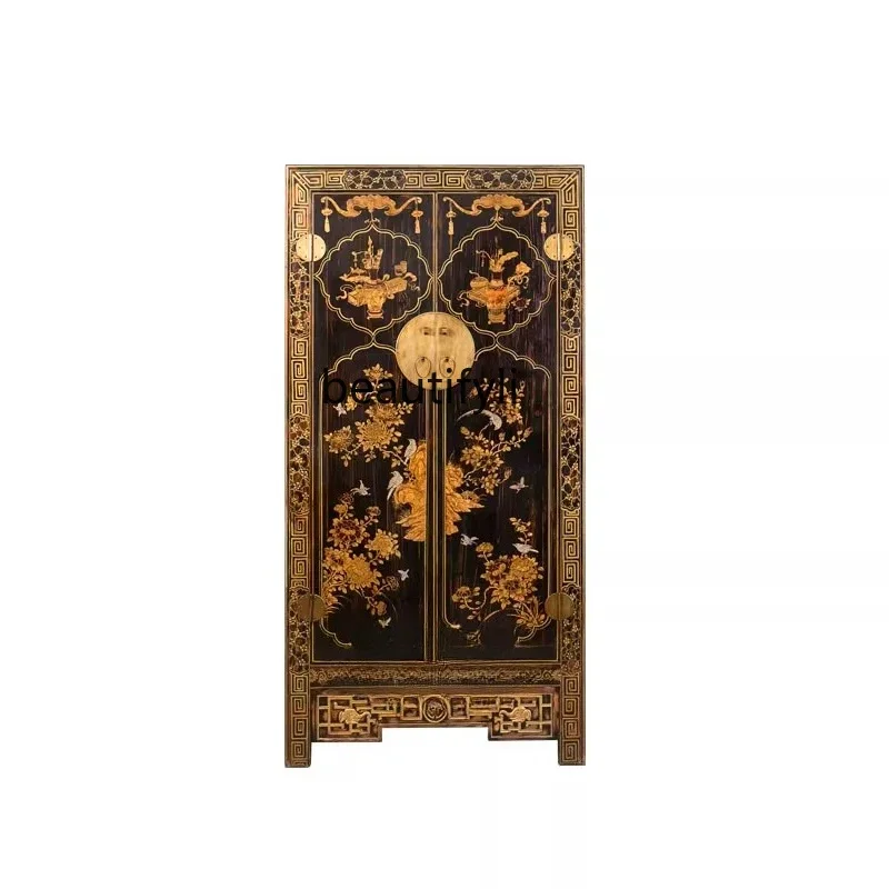 

ss8350 New Chinese-style painted wardrobe solid wood antique and old gold-painted bedroom, decorative locker