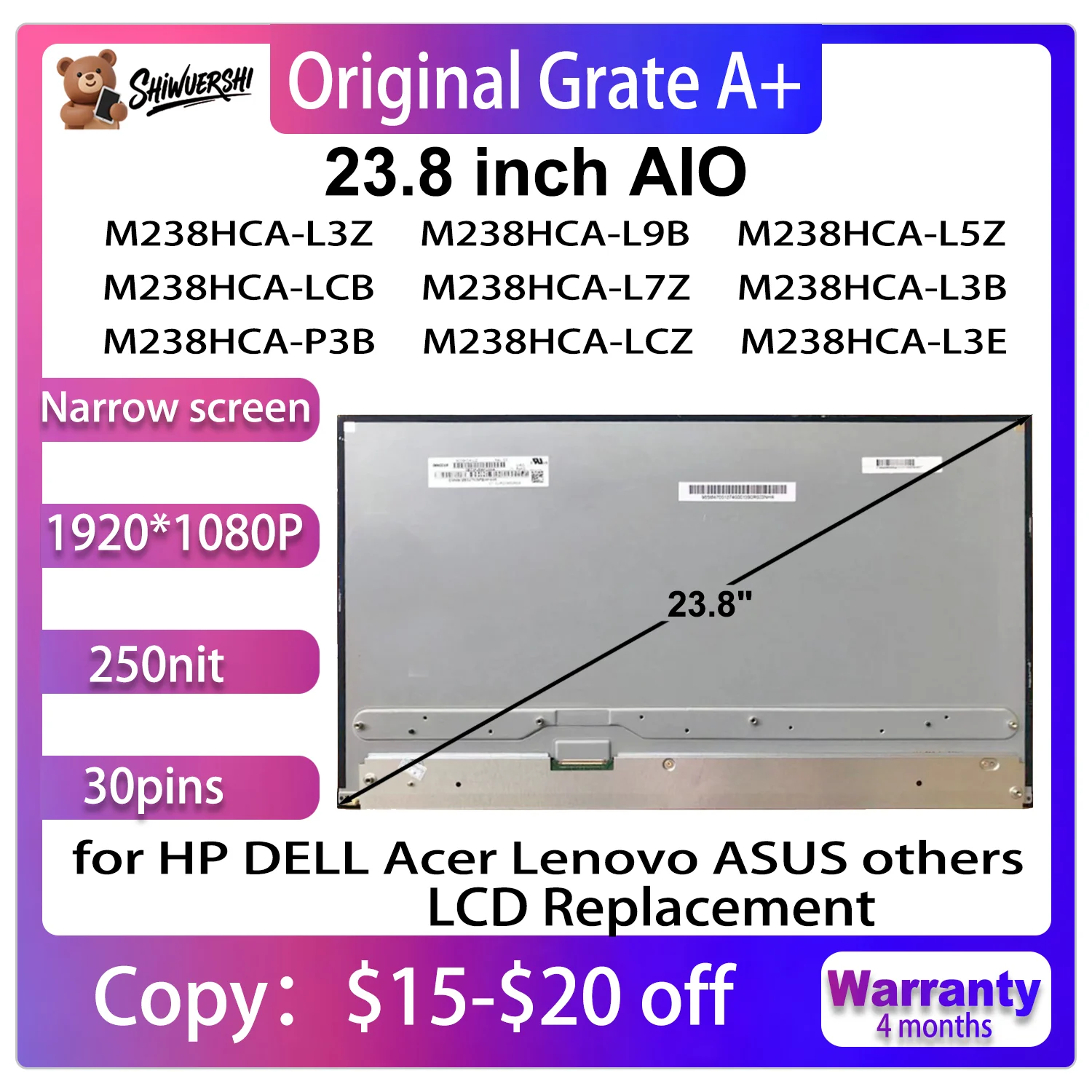 

Оригинальный новый монитор M238HCA L3B L3Z L5Z L7Z LCB LCZ P3B L9B 23,8-дюймовый IPS 30-контактный Aio FHD Замена ЖК-экрана