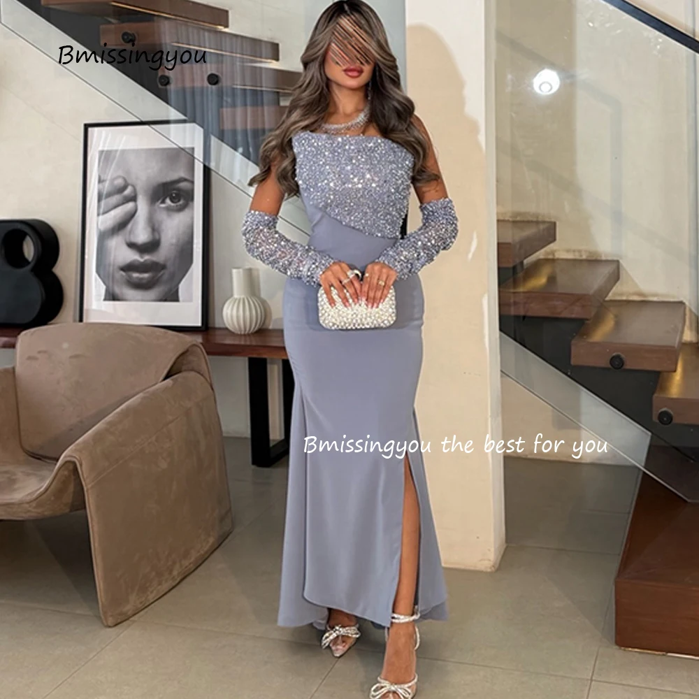 Dusty Blue Mermaid Prom Dresses with Slit Sleeve Dubai Formal Evening Dress Sequin Satin Strapless Wedding Party Gown Customized