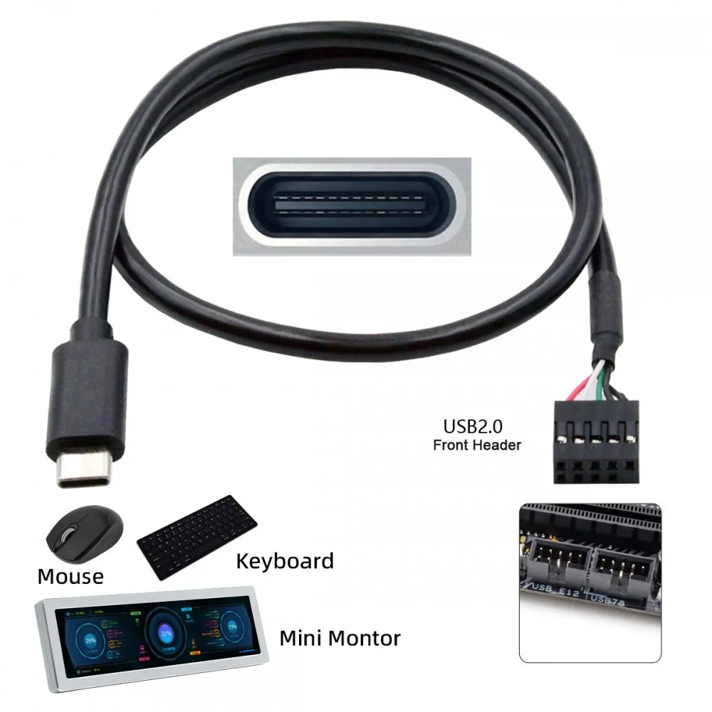 

MDR USB 2.0 Motherboard 9pin 10pin Header to Type-C USB-C Cable 50cm for Mini Monitor Sensor Panel Camera