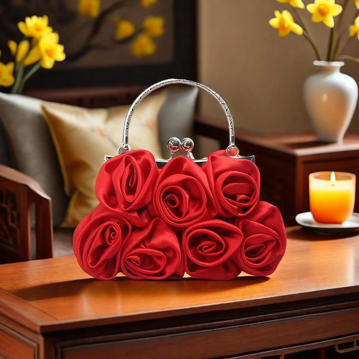 Flower Decor Kiss Lock Metal Handle Clutch, Elegent Textured Frame Handbag Purse, Cocktail Prom Dinner Evening Bag Gift to girl