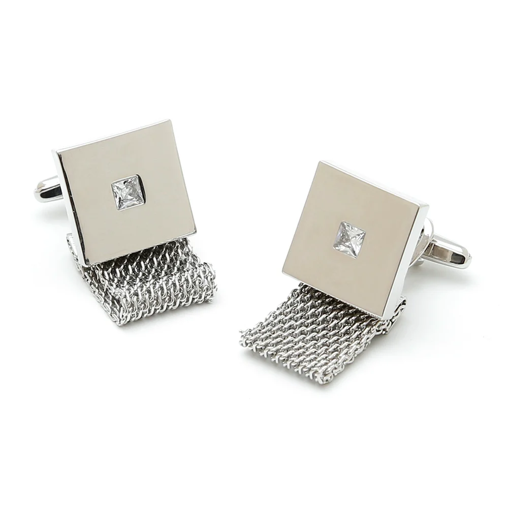 Gentlemen Square Diamond Studded Tassel Chain Cufflinks Men's Business Dress Suit Shirt Cuff Buckle Exquisite Banquet Accessory