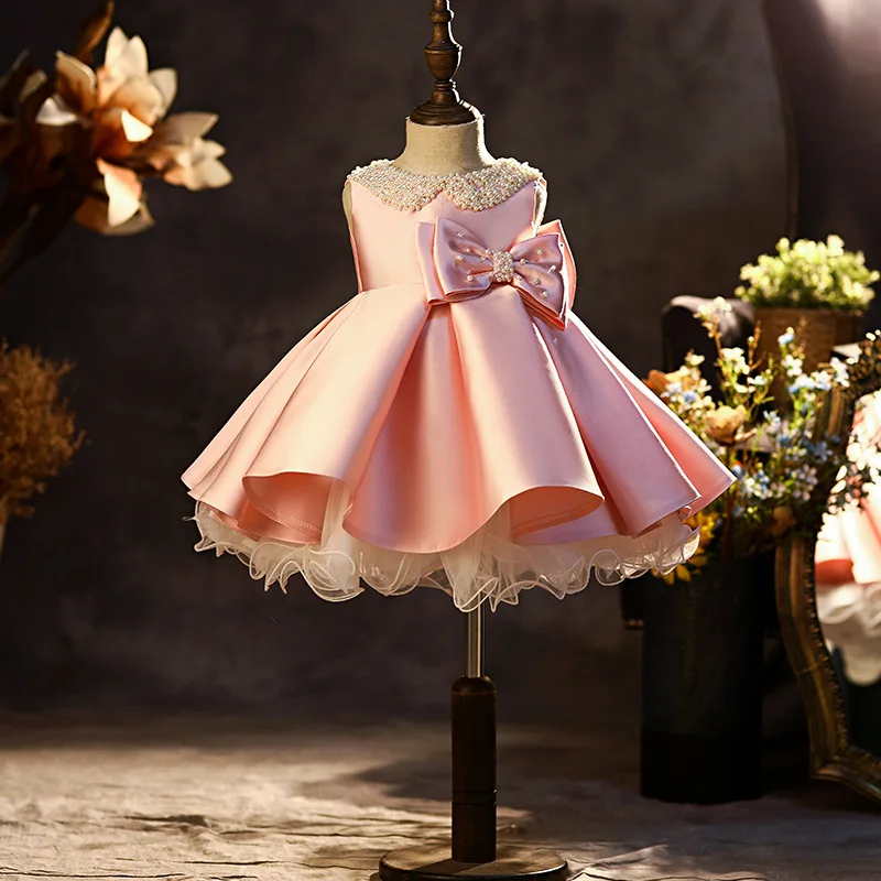 

Girls' Pink Wedding Dress for First Birthday Party, Puffy Bowknot Pearl Princess Gown