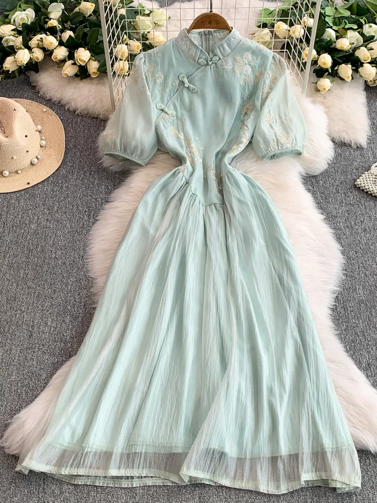

Chinese Style Dress Stand Neck Puff Sleeve Flower Embroidery Patchwork Dresses 2025 New Summer Vintage Elegant Women's Clothing