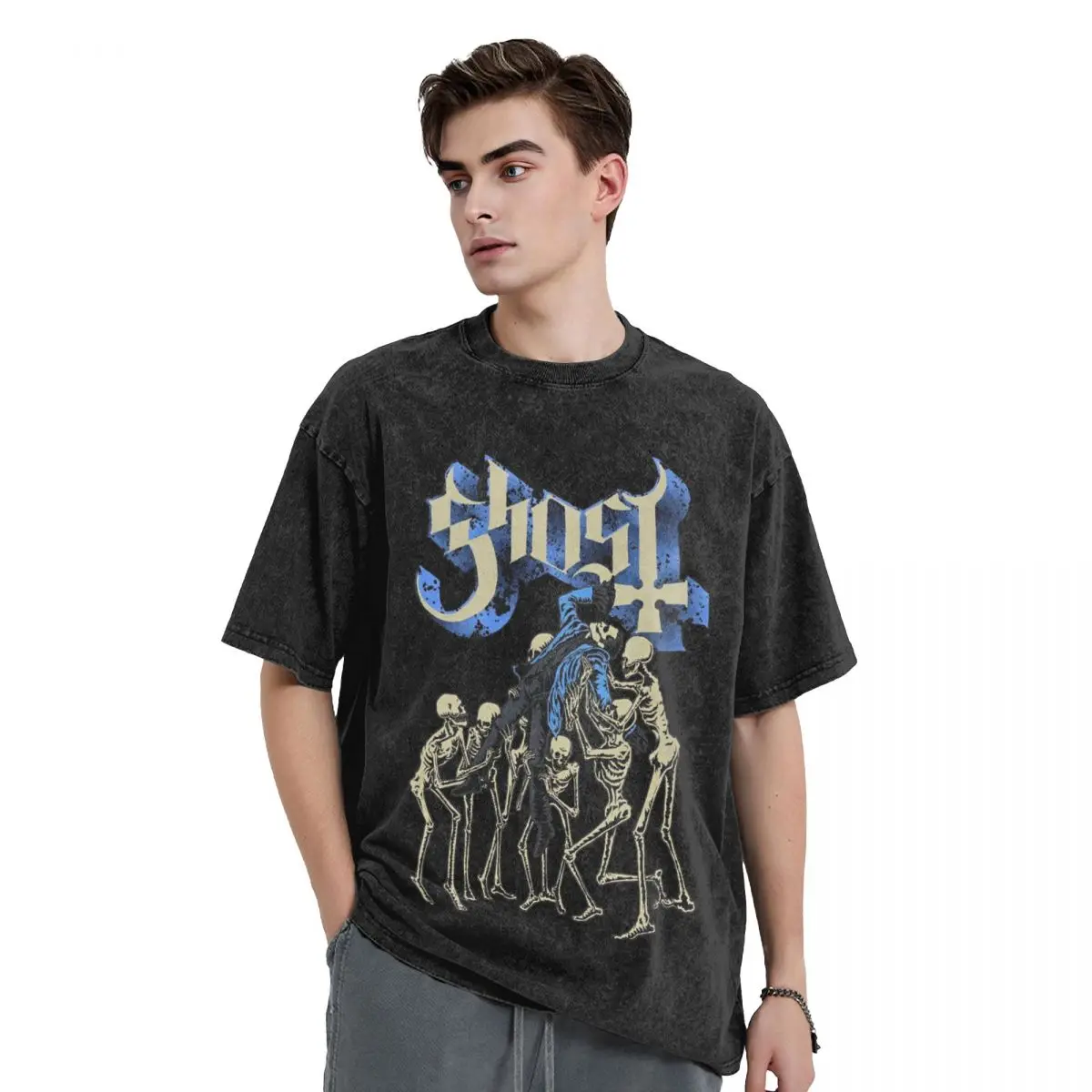 

Oversized Washed T-Shirt Ghost Rock Music Band Poster Cotton T Shirts Skull Tshirt for Male Summer Y2K Retro Casual Clothing