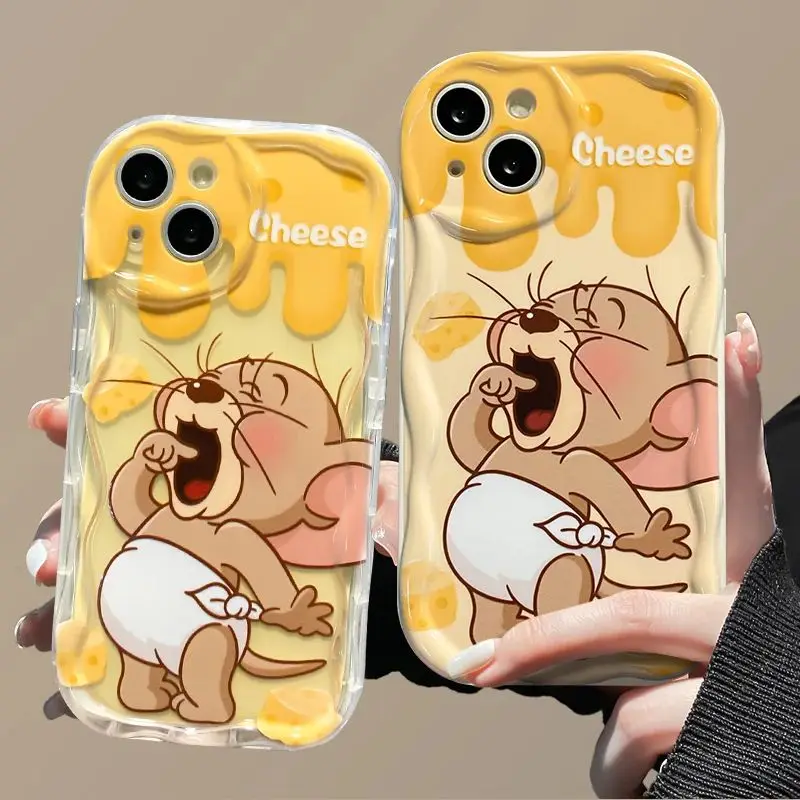 Cute cheese Yawn Jerry Cartoon 3D Wave Case For iPhone 15 14 13 12 11 Pro Max Mini X XR XSMAX 8 7 6S Plus Soft Silicone Cover