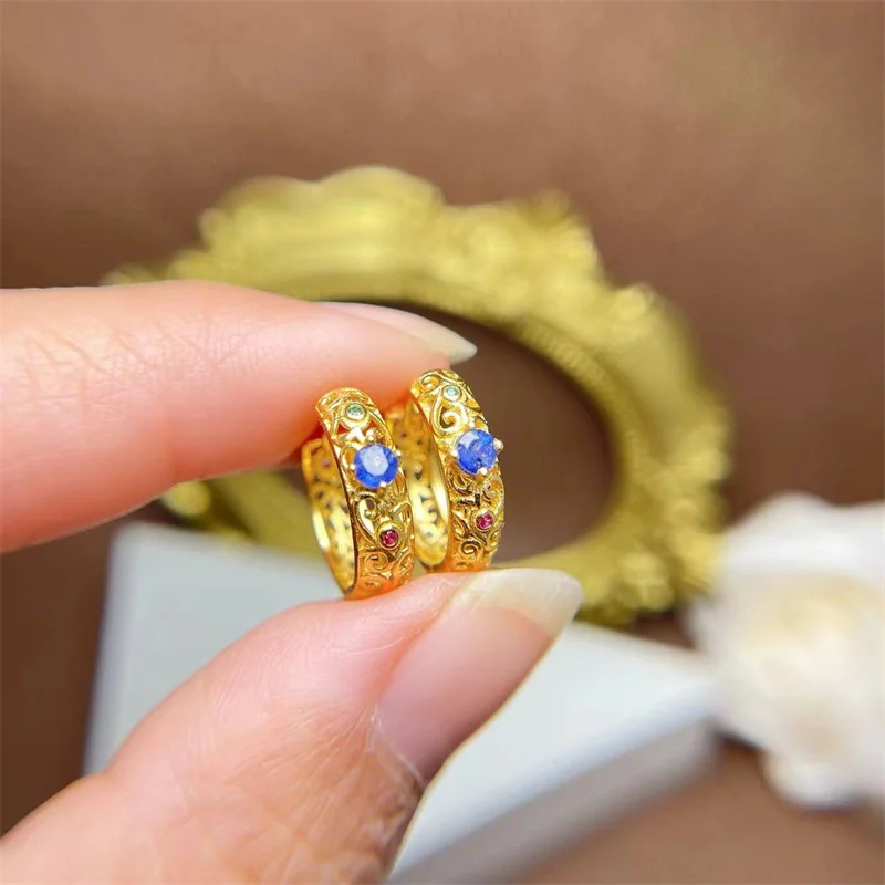 

Natural Sapphire 925 Sterling Silver Clip Huggie Hoop Earringsl Gemstone Women Yellow Gold Classic Style Fine Jewelry