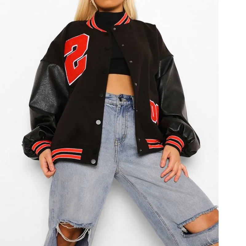 Women Baseball Jacket Autumn and Winter New Hip-hop Fleece Padded Uniforms Street Casual female Coat Loose Stitching Tops 2022