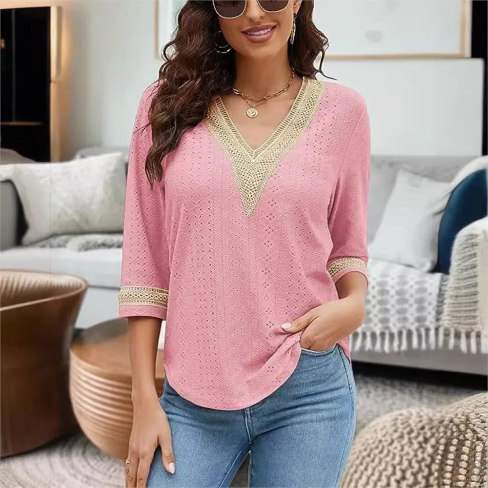 New Women\'s Lace Patchwork V-neck Casual Solid Color Shirt Female White 3/4 Sleeve Pullover Blouse Tops Femme Blusas Elegantes