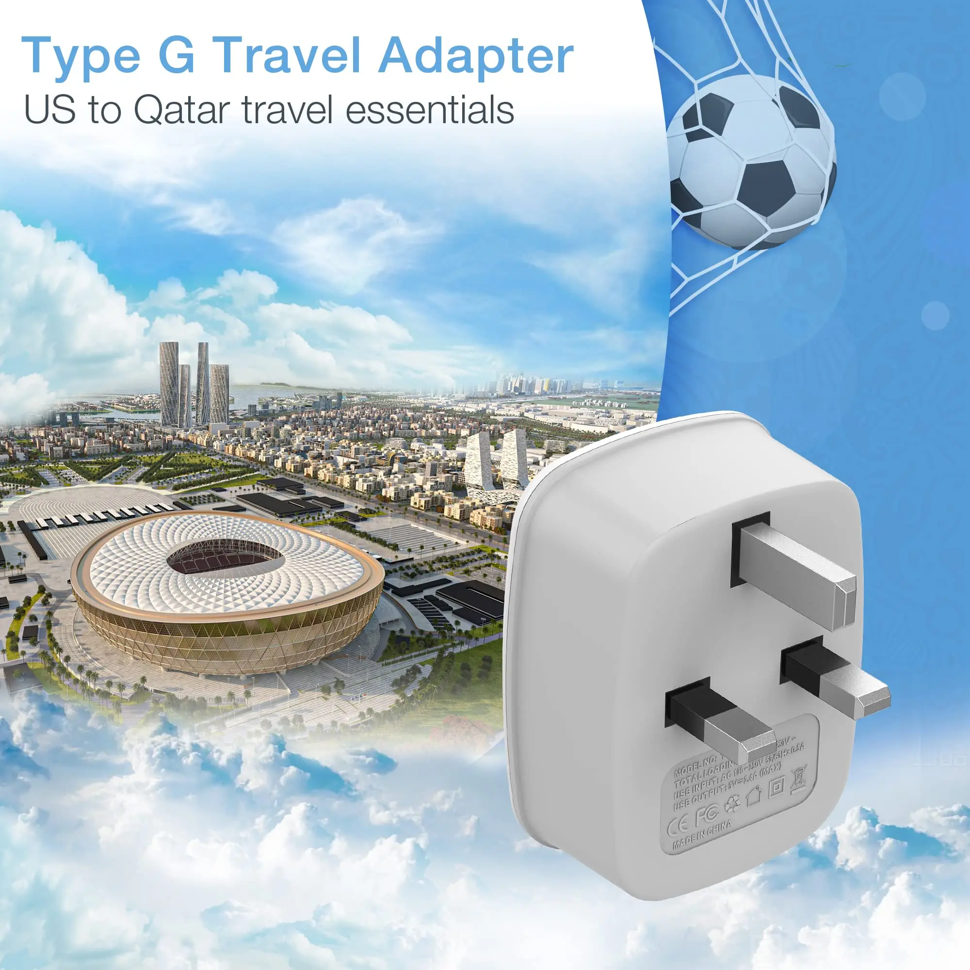 TESSAN 3 in 1 Type G Travel Power Plug Adapter with 1 AC Outlets & 2 USB Ports, US to UK Travel Adapter for Ireland Scotland