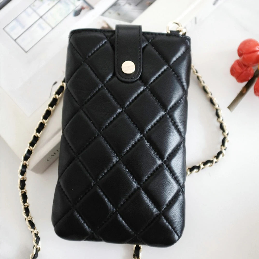 Female Mobile Crossbody Bag Luxury Mini Sheepskin Women Phone Purse Plaid Quilted Leather Ladies Cellphone Chain Shoulder Pouch