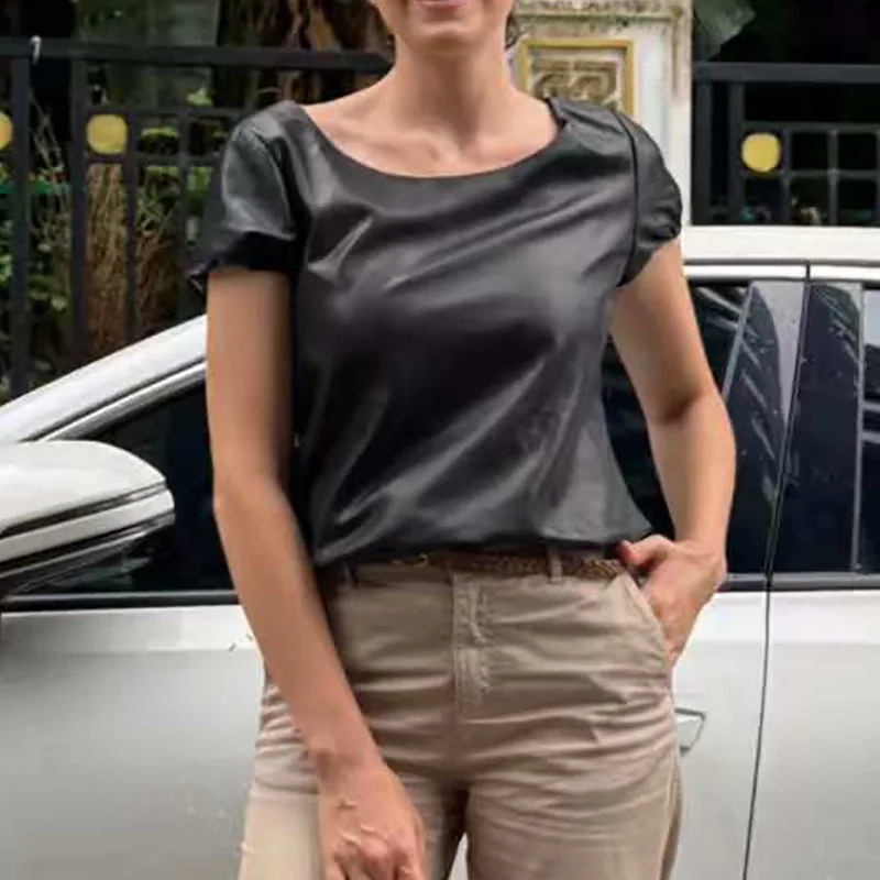 

Women's Soft Lambskin Jacket, Short-Sleeve T-Shirt, High-Quality 100% Genuine Leather Top, Fall, New Arrival, 2025