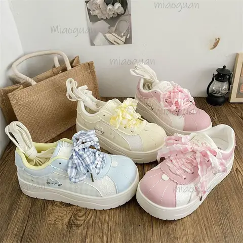 Baskets Chunky Décontractées pour Femme, Motif Chat et Poisson, Bleu Pastel, à Lacets, pour Usage Quotidien, Étudiantes, Chaussures pour Femmes