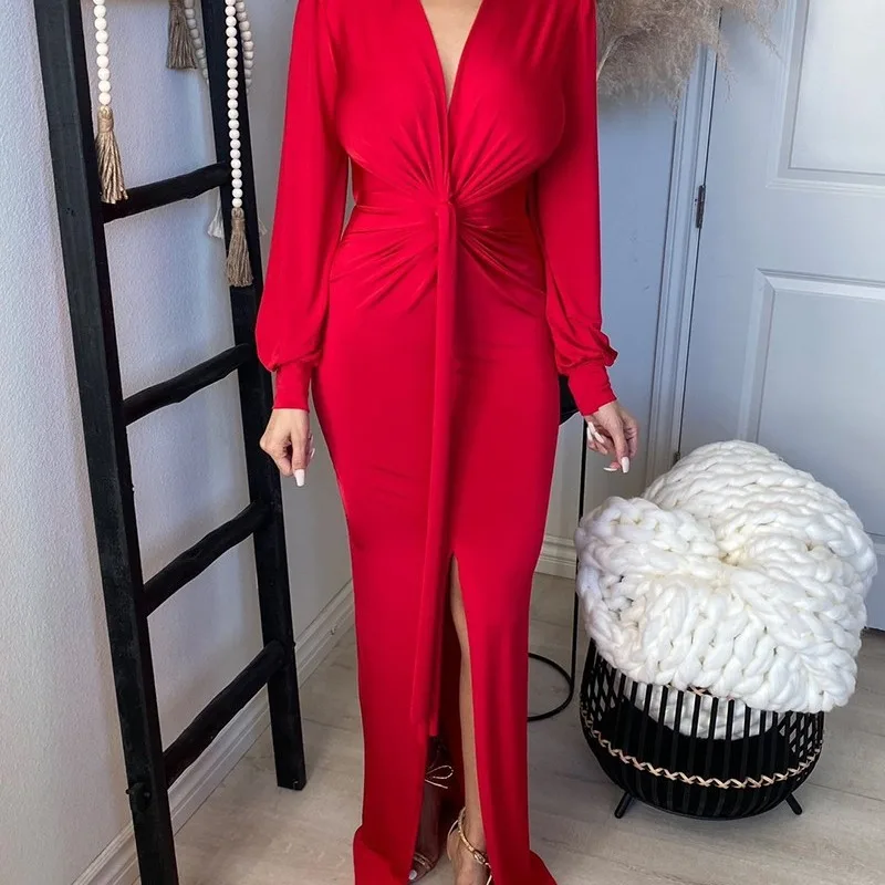 

2025Spring and Summer New Sequined Slim Bubble Mid-Length Dress Long and Medium Red Gradient Puff Sleeve Dress