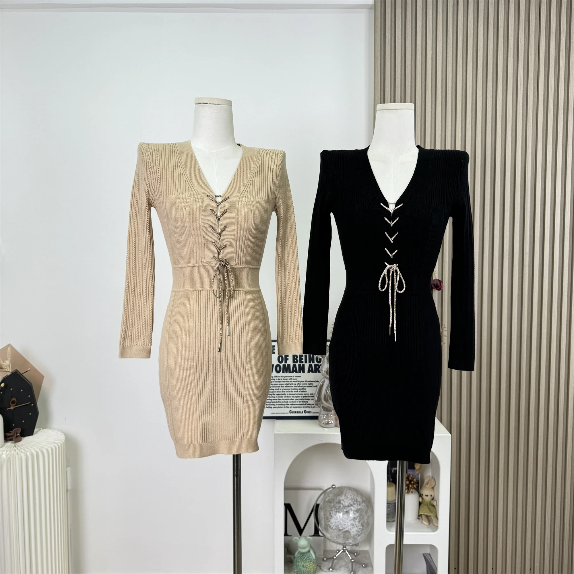 

Retro Slimming Knitted Lace Up Sweater Dress Soft Sexy Spring Autumn Women's V-Neck Single Piece Hollow Out Short Dress F565