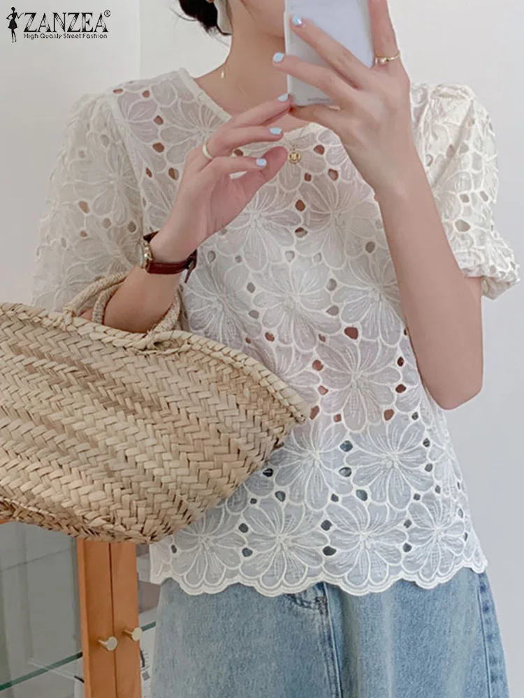 ZANZEA Korean Fashion Round Neck White Tunics 2024 Summer Women Puff Short Sleeve Blouse Chic Flower Embroidery Hollow Out Tops