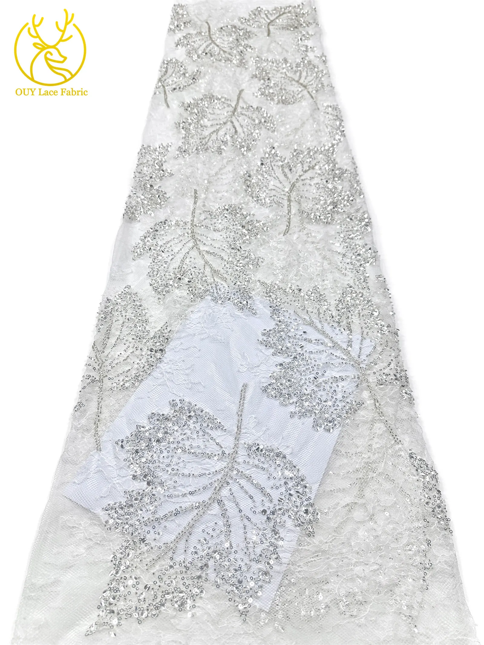Weinroter afrikanischer bestickter Perlen-Spitzenstoff, 5 Yards, französisches Blattmuster, Pailletten-Tüll-Spitzenstoff für Hochzeits- und Partykleider – Detail 11