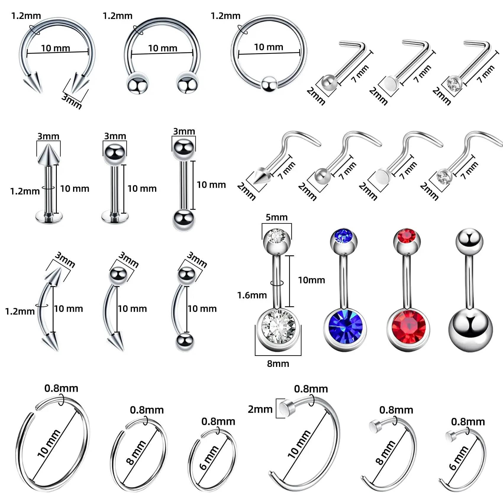 89Pcs Body Piercing Kit Piercing Jewelry Set with 12G‑20G Piercing Needles Gloves Alcohol Pads Clamps for Ear Nose Lip Piercing