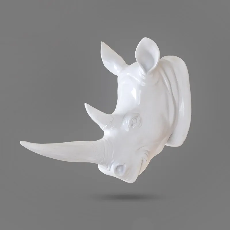 Exotic Rhinoceros Head Wall Decora 3D Animal Art Sculpture Figurines Resin Craft Home Creative Background Hangings R678