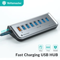 Yottamaster USB HUB 5Gbps High Speed 7 Port USB 3.2 GEN1 HUB 18W Fast Charging USB A Docking Station HUB Adapter for Laptop Mac