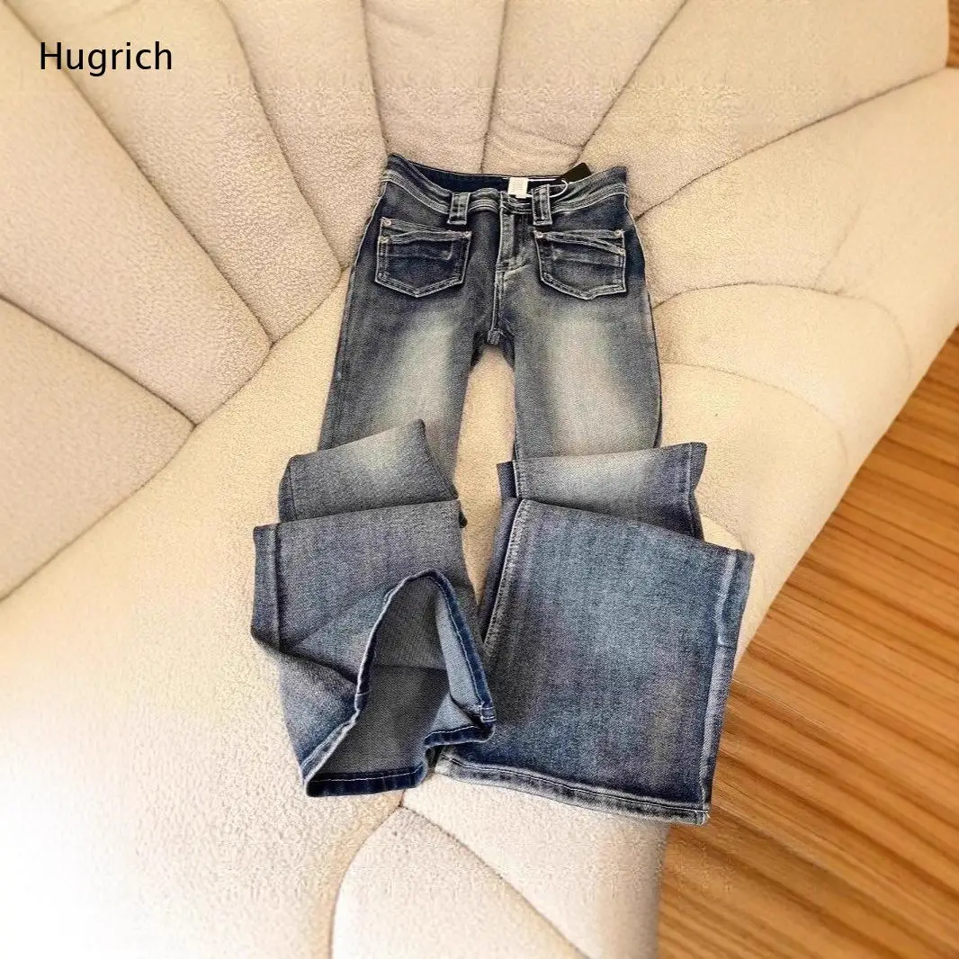 Daily Casual High Waist Flare Jeans Gradient Washed Blue Double Fake Pocket Slim Stretch Long Bell Bottom Denim Trousers