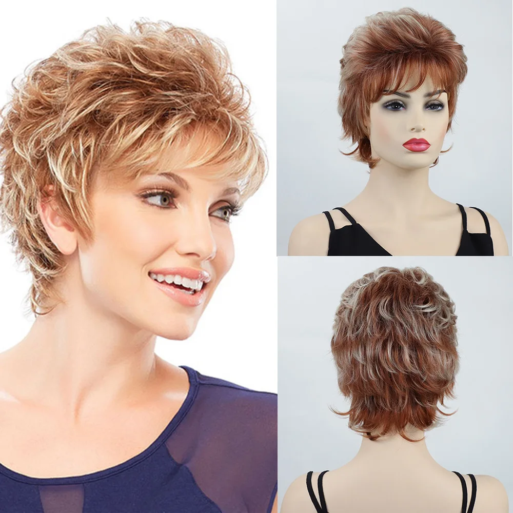 باروكة نسائية قصيرة مجعدة منفوش بني أشقر مزيج من الألياف الاصطناعية المقاومة للحرارة قطعة شعر منفوشة مسبقًا للحفلات اليومية #1