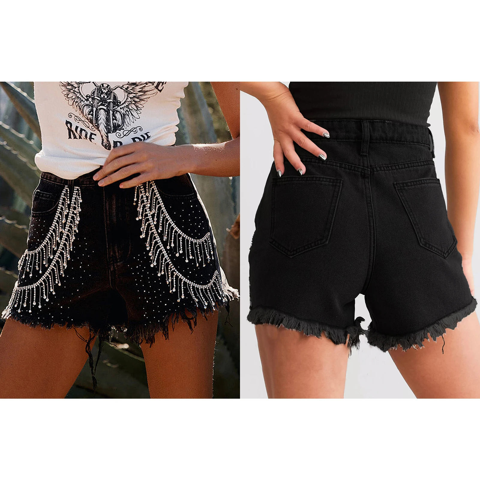 Y2K – Short en Jean à strass pour femmes, taille haute, ourlet brut, pompon, pantalon court Baggy décontracté, vêtements de fête Rave, été