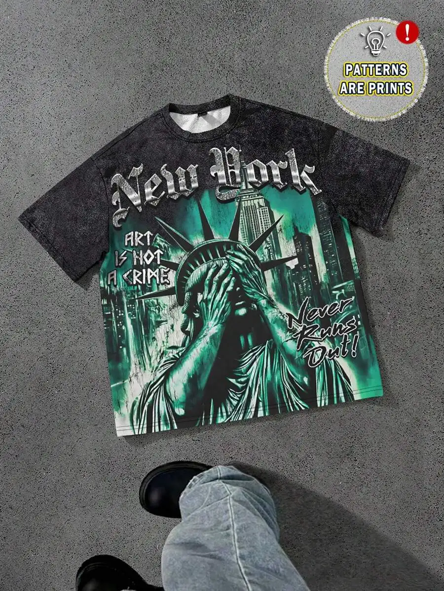 

Men's Distressed Graphic Print Loose Fit Round Neck T-Shirt