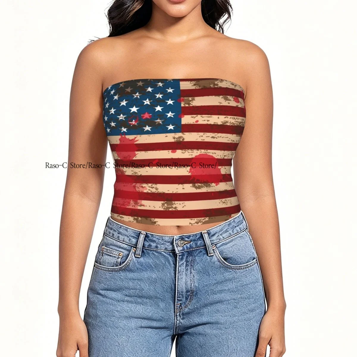 Women Shirt Summer Strapless Backless Tops Grunge USA Flag With Paint Splashes Sleeveless Vest