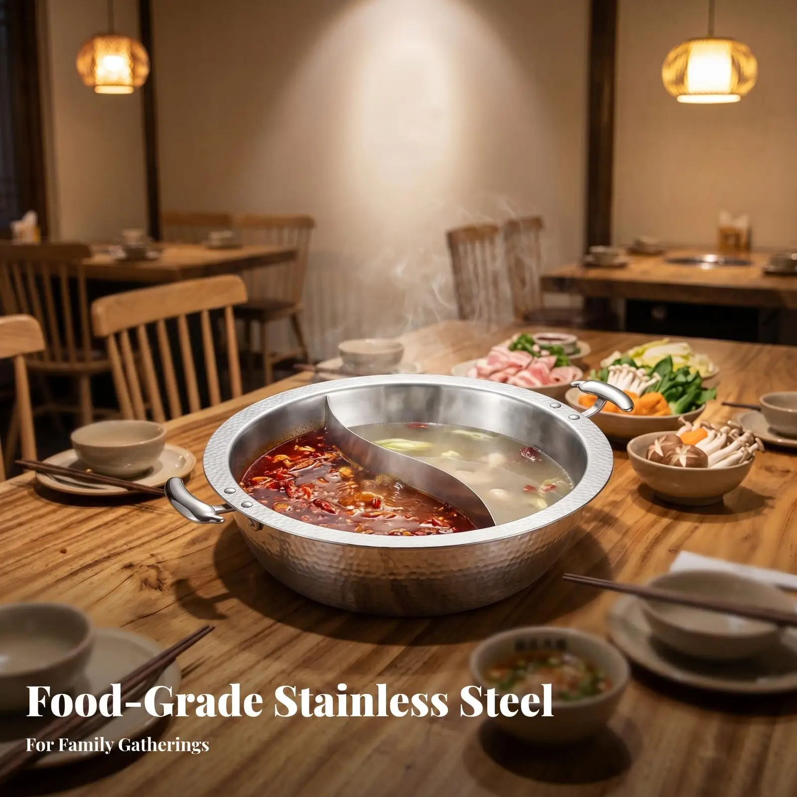 Dual Compartment Cookware Two Section Hot Pot 304 Stainless Steel Hammered Rim Soup Stockpot for Family Shared Meals