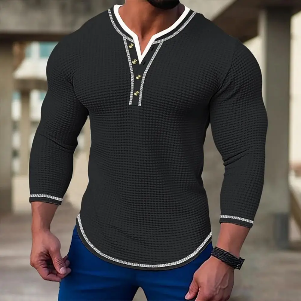 Men Button down Collar T shirt Men's Slim Fit Long Sleeve Waffle Texture Shirt Casual Mid Length Pullover Top with Button